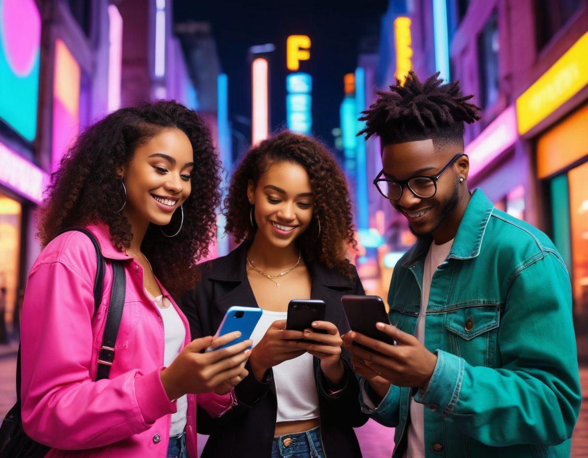 A vibrant scene of diverse young individuals joyfully creating and sharing micro videos on their smartphones in a colorful urban setting. Include elements like playful animations or graphics floating around the scenes, symbolizing creativity and engagement. Feature lively expressions and diverse backgrounds to showcase inclusivity. Bright neon lights in the background to evoke a sense of excitement and modernity. super-realistic. vibrant colors. urban street style.