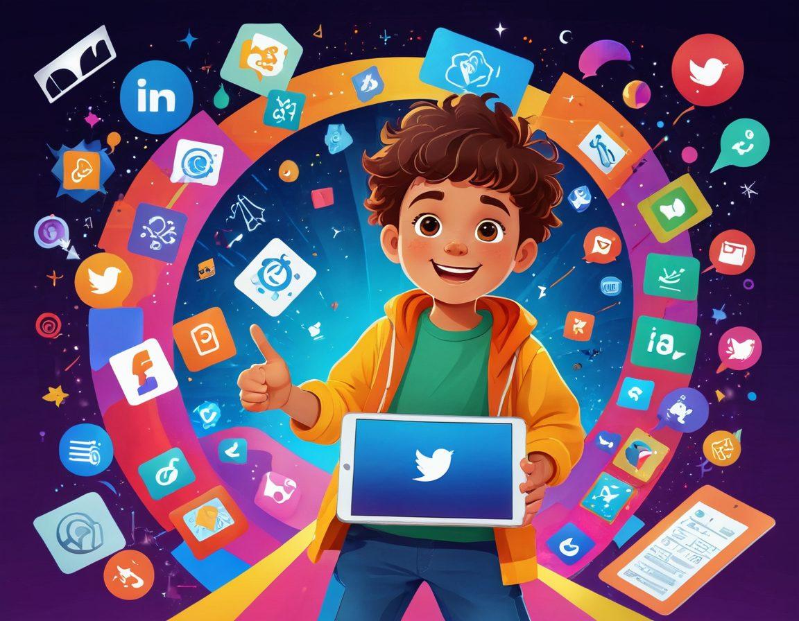 A dynamic transformation scene depicting a playful child creating content on a small tablet, surrounded by colorful video thumbnails and social media icons floating around them. In the background, a pathway leading from a playful playground to a bright stage illuminated with spotlights symbolizes the journey from fun to fame. Incorporate elements of digital creativity, such as animated characters and vibrant colors reflecting excitement and inspiration. vector art. vibrant colors. dynamic composition.