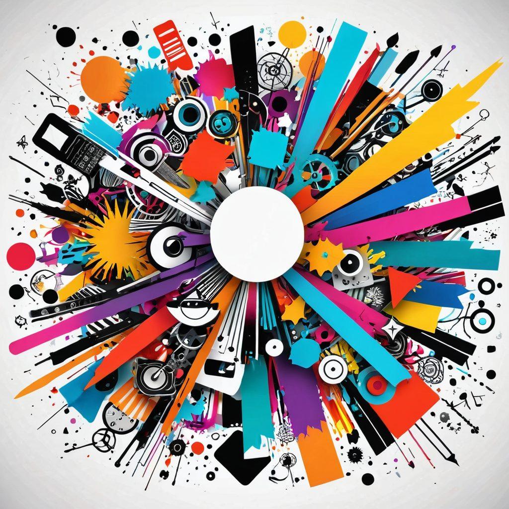 A dynamic collage showcasing a variety of short video clips emanating creativity, with colorful bursts of imagination and energy. Incorporate elements like a smartphone, artistic tools, and vibrant animations representing different themes and styles of videos. Surround it with playful doodles and a burst of colors to symbolize creativity and spontaneity. super-realistic. vibrant colors. white background.